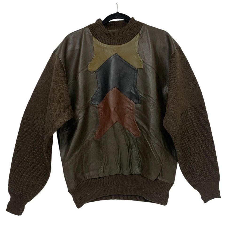 Vintage Saxony Mens Sweater Brown L Large Leather Hip Hop 90s Coogi style NWT